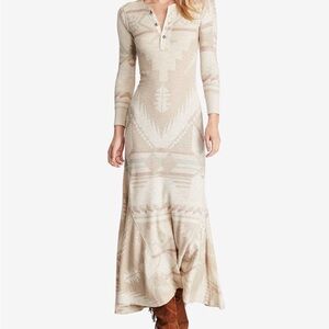 Polo Ralph Lauren Southwestern Aztec Henley Maxi Dress Beige Tribal Long Sleeve